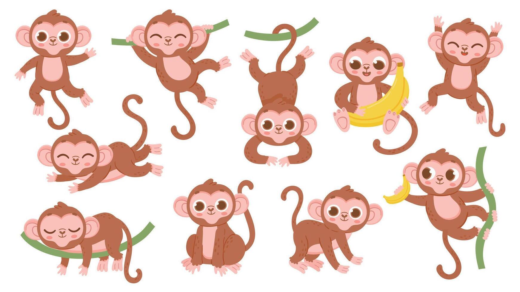 mignonne dessin animé jungle bébé singe personnage pose. exotique tropical animal mascotte, singe sauter sur arbre, en portant banane et en train de dormir vecteur ensemble