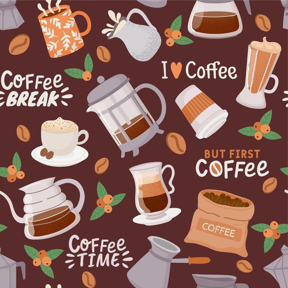 café sans couture modèle. tasse avec cappuccino, latté, Expresso fabricant et crème. café élément et citation pour café ou cuisine vecteur fond d'écran