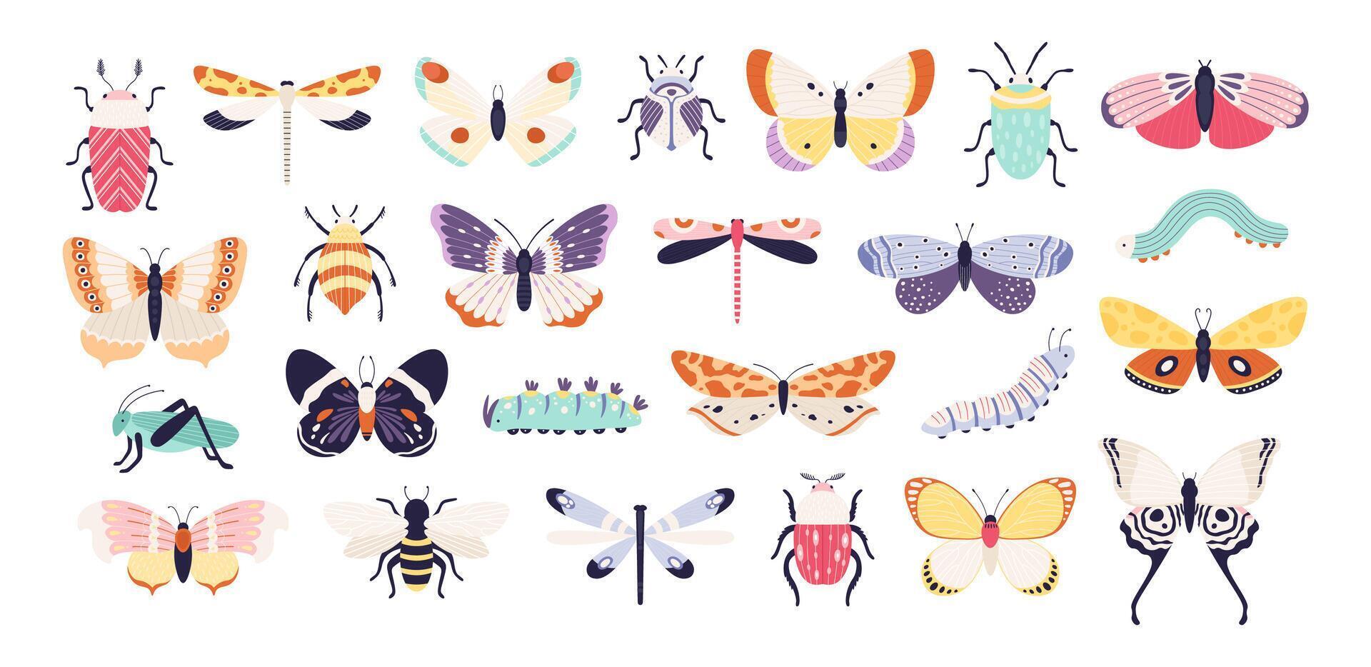 décoratif insectes. griffonnage coléoptères, papillons, libellules, abeille, chenille et sauterelle. ancien printemps punaise et ver, plat vecteur ensemble