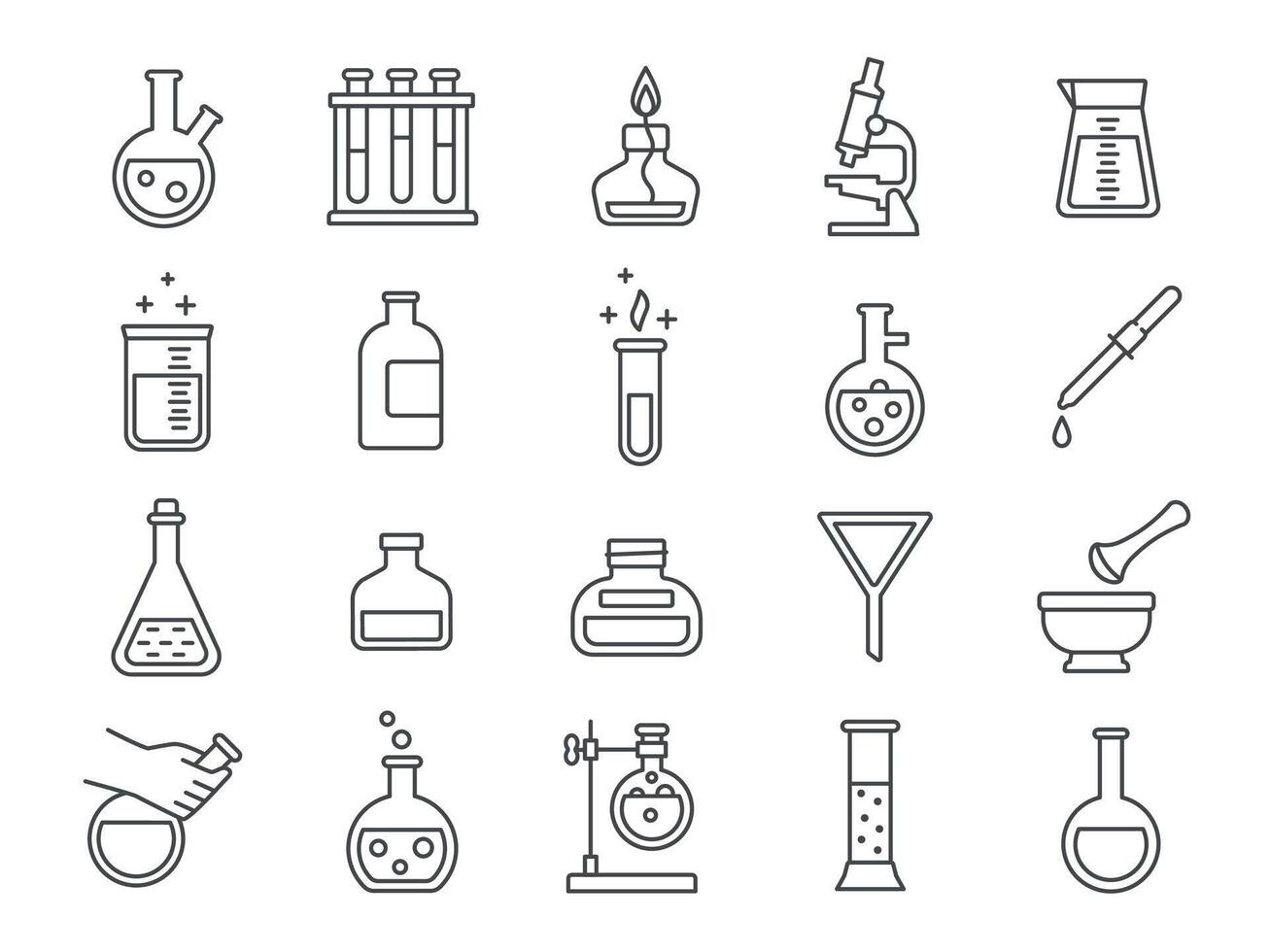 chimie ou science recherche laboratoire équipement ligne Icônes. pharmacie laboratoire verrerie, gobelets, tester tubes et flacons pictogrammes vecteur ensemble