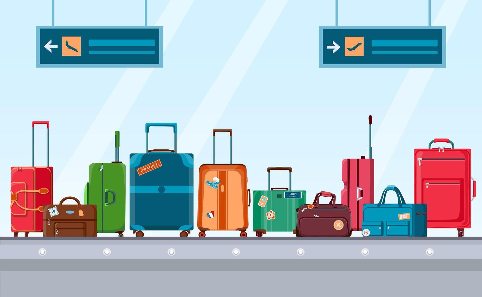 aéroport convoyeur ceinture avec bagage. carrousel système avec Voyage les valises et Sacs avec autocollants. dessin animé bagages prétendre zone vecteur concept