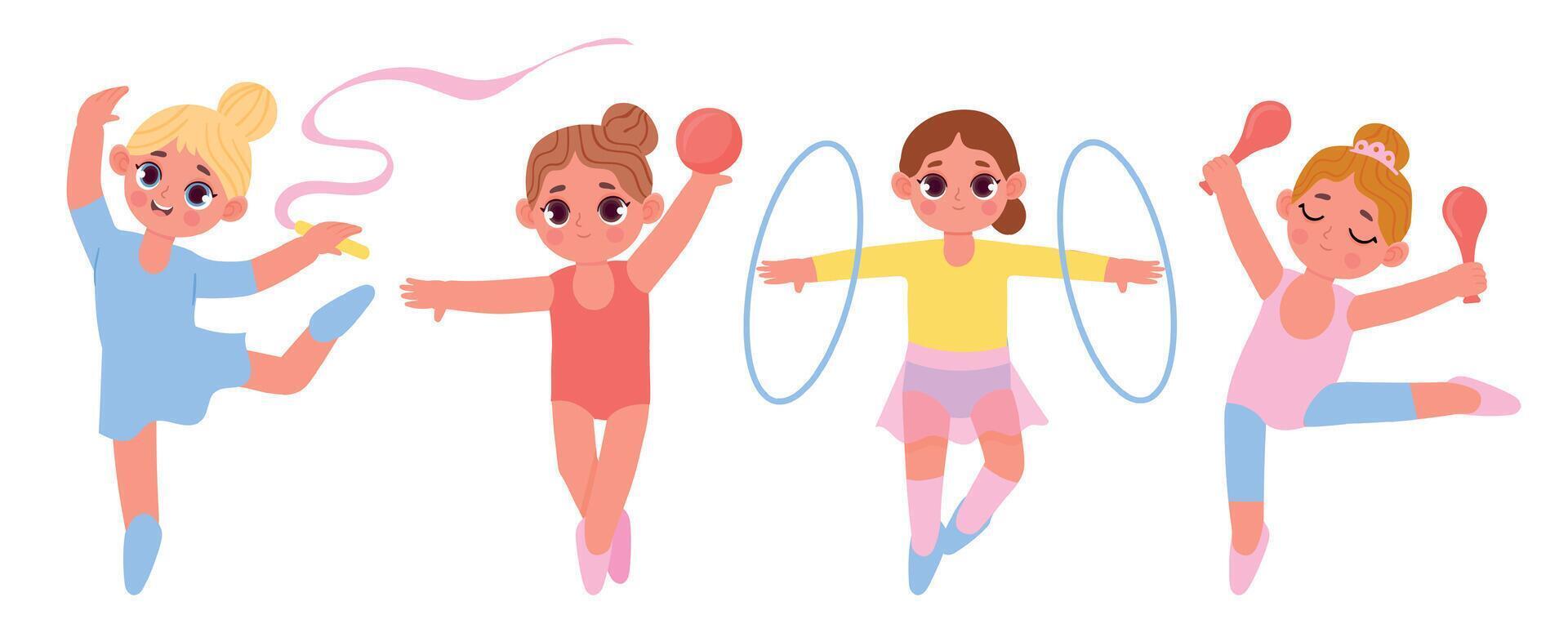 dessin animé peu gymnaste filles. des gamins exercice avec cerceau, Balle et clubs. mignonne les enfants ayant rythmique Gym entraînements vecteur