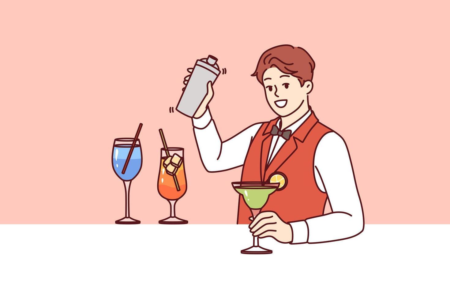 homme barman prépare cocktail avec une addition de l'alcool et sirop avec glace, attrayant invités à fête vecteur