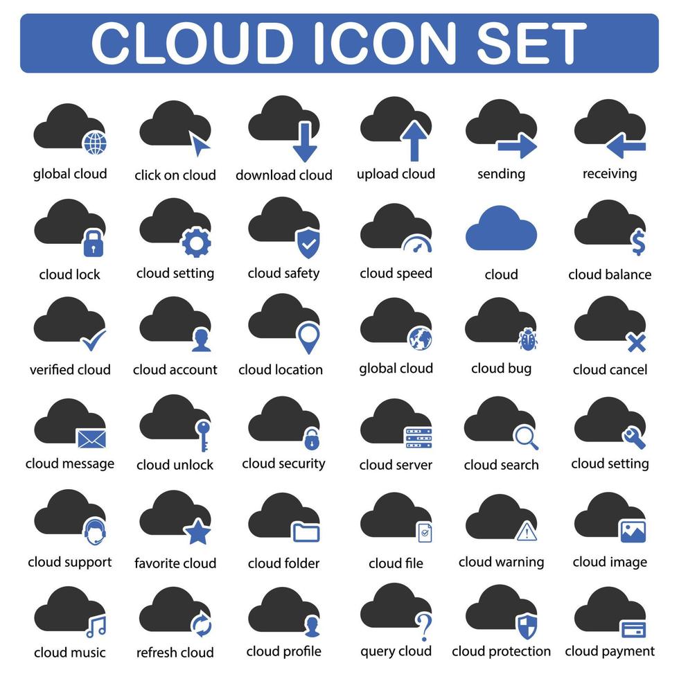 nuage, icône, ensemble, concept, conception, noir, série vecteur