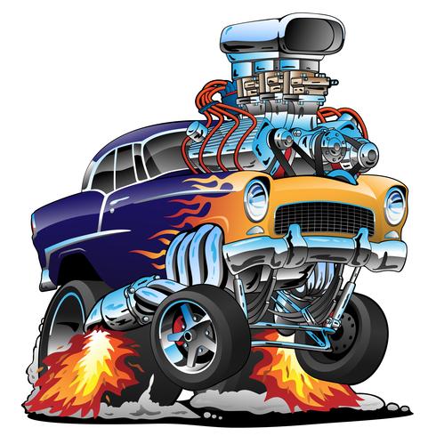 Voiture de muscle classique hot rod, flammes, gros moteur, illustration de vecteur de dessin animé