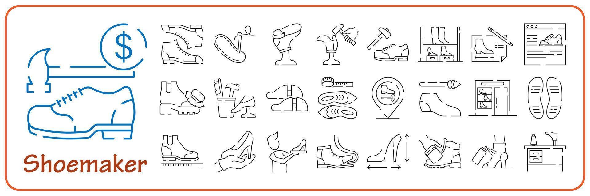 cordonnier ligne icône ensemble. des chaussures vendeur ligne icône vecteur. des chaussures vendeur signe. isolé contour symbole noir illustration. vecteur
