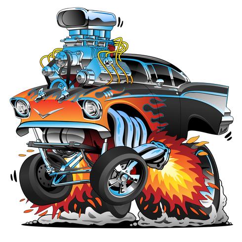 Style hot rod années 50 style gasser drag racing muscle voiture, flammes ardentes, gros vecteur