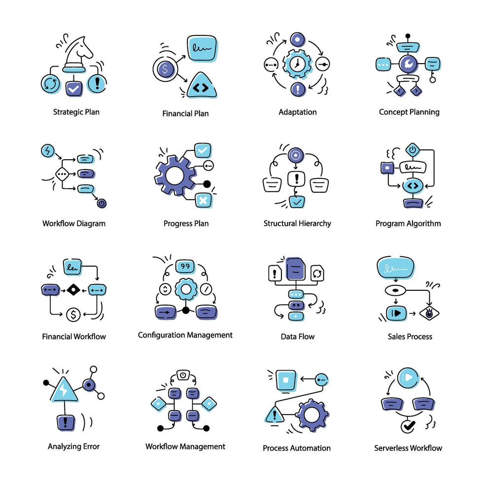 ensemble de griffonnage style affaires flux de travail Icônes vecteur