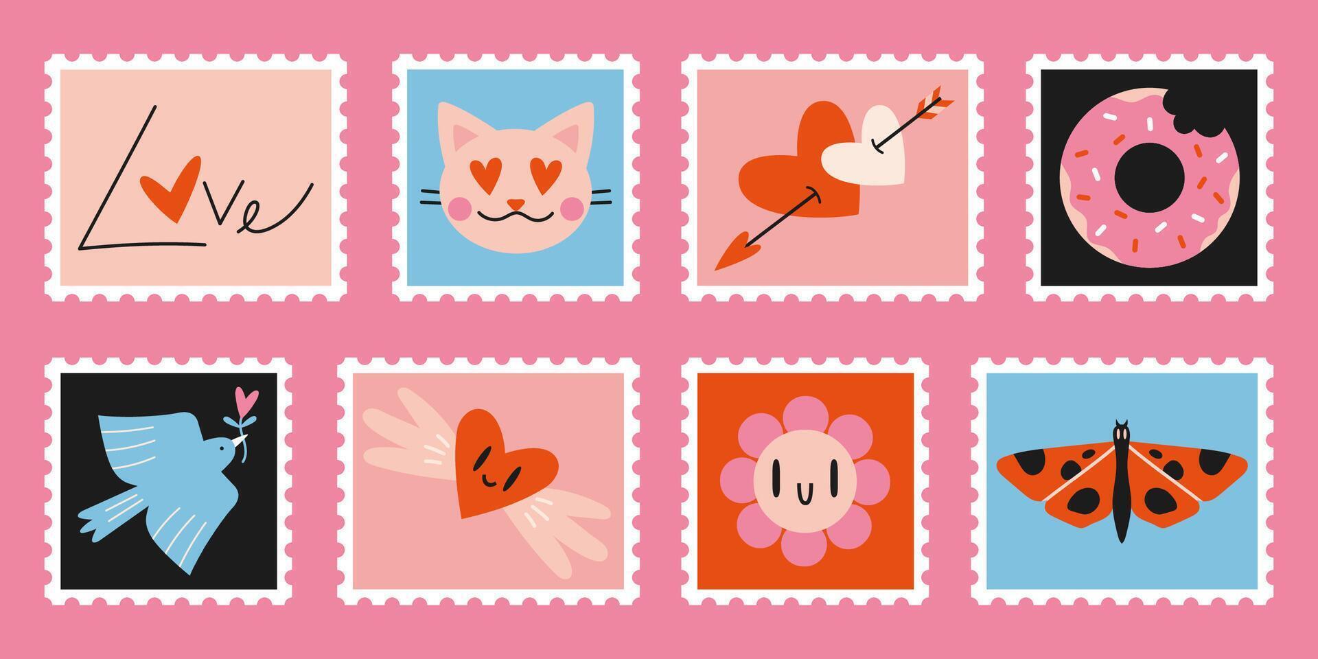 ensemble de mignonne dessiné à la main Publier timbres avec valentines jour, l'amour thème les attributs comme cœur, fleur, oiseau, chat. branché vecteur illustrations dans dessin animé style.