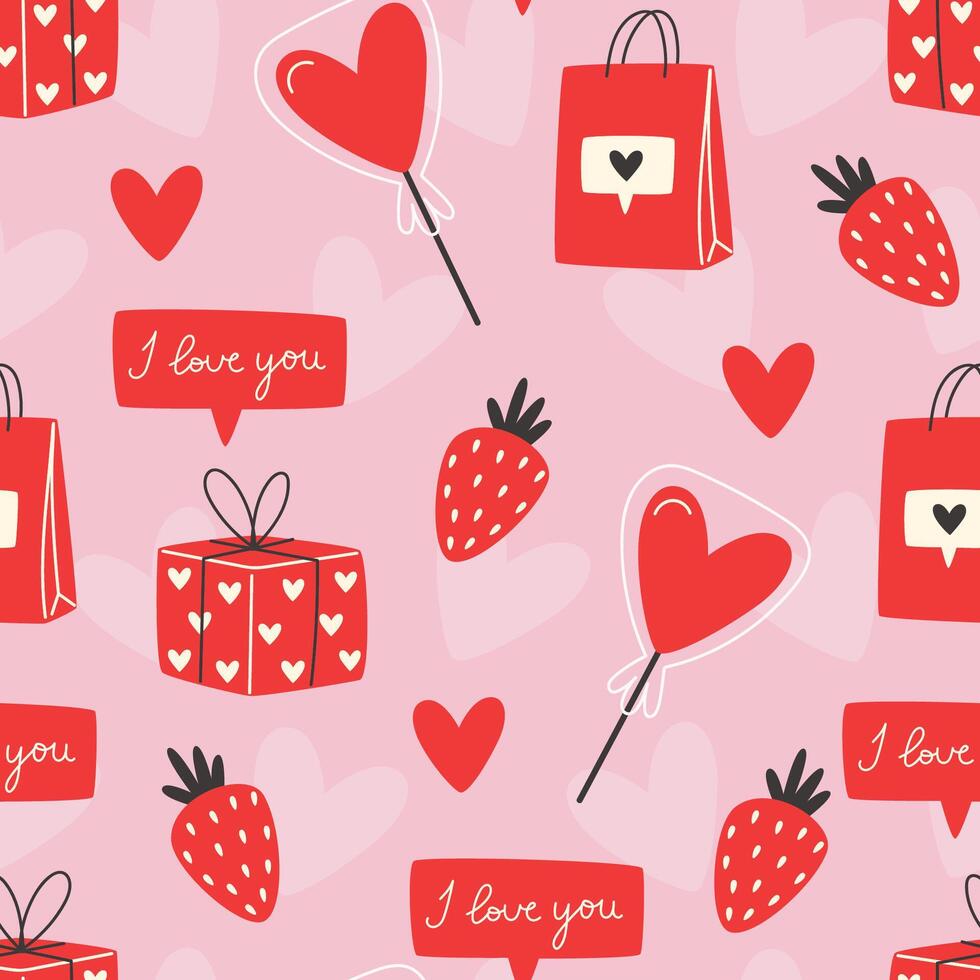 la Saint-Valentin journée sans couture modèle avec sucette, cadeau des boites et des fraises vecteur