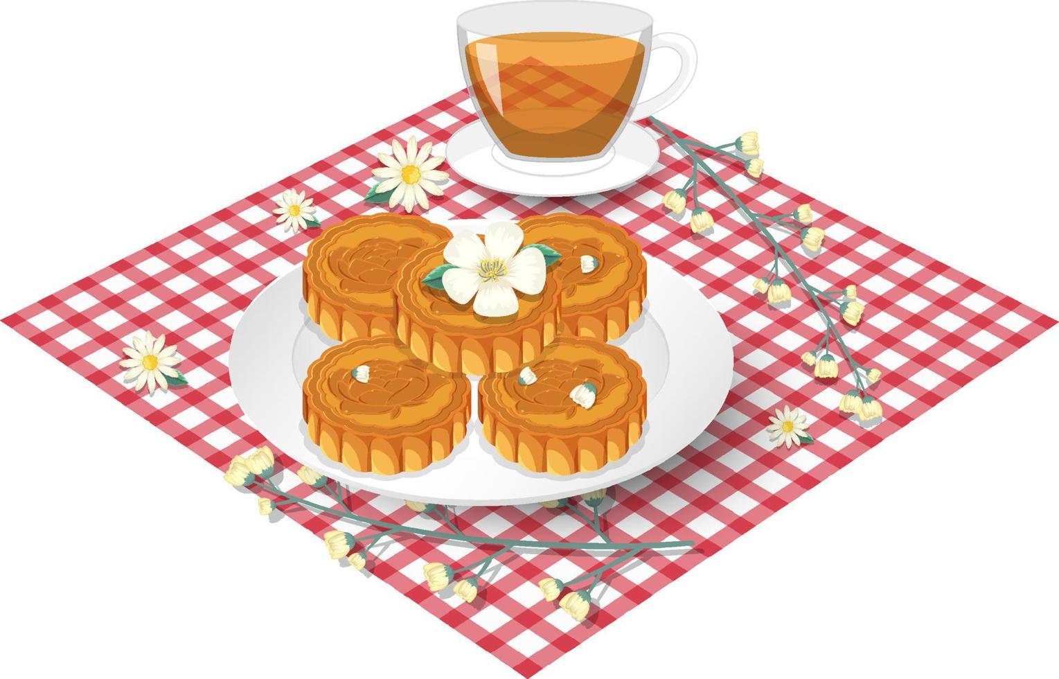 tas de gâteaux de lune avec tasse de thé sur nappe vecteur