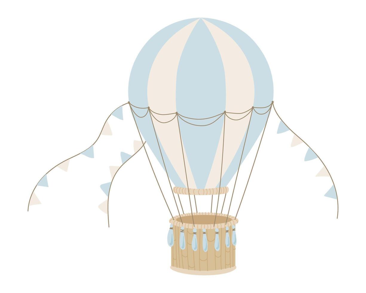 bleu chaud air ballon vecteur illustration pour bébé douche. ancien main tiré avion avec fanions pour les enfants fête ou des gamins cartes dans dessin animé style. dessin de vieux rétro avion