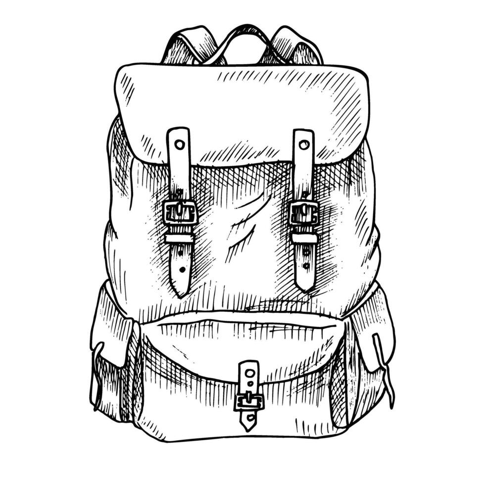 ancien sac à dos vecteur illustration. main tiré dessin de Voyage sac pour aventure ou camping sur isolé blanc Contexte. noir gravure de bagage pour tourisme voyage ou randonnée. rétro retour pack