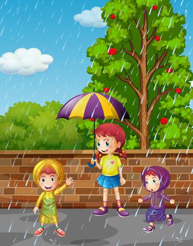 Saison des pluies avec trois enfants sous la pluie vecteur