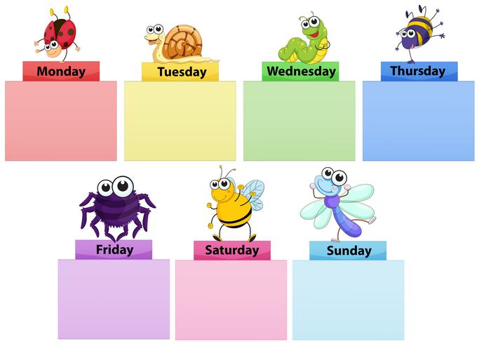 Modèle de bannière de jours de la semaine avec des bugs colorés vecteur
