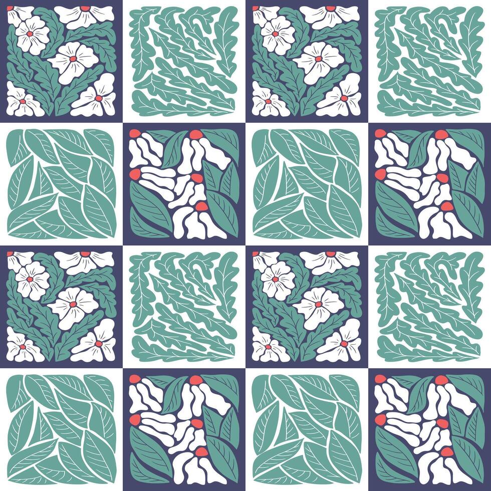 audacieux coloré géométrique abstrait floral modèle. plat abstrait main tiré fleurs, feuilles dans contraste carrés. géométrique branché impression conception pour textile, fond d'écran, emballage, Contexte vecteur