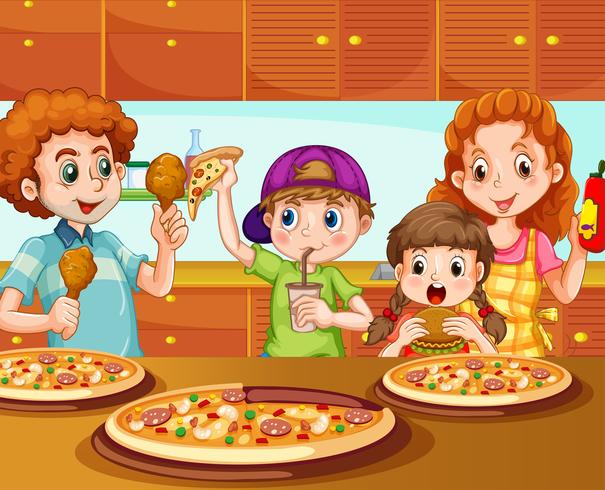 Famille ayant une pizza dans la cuisine vecteur