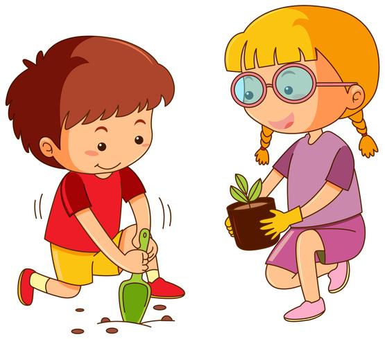 Garçon et fille plantant un arbre vecteur