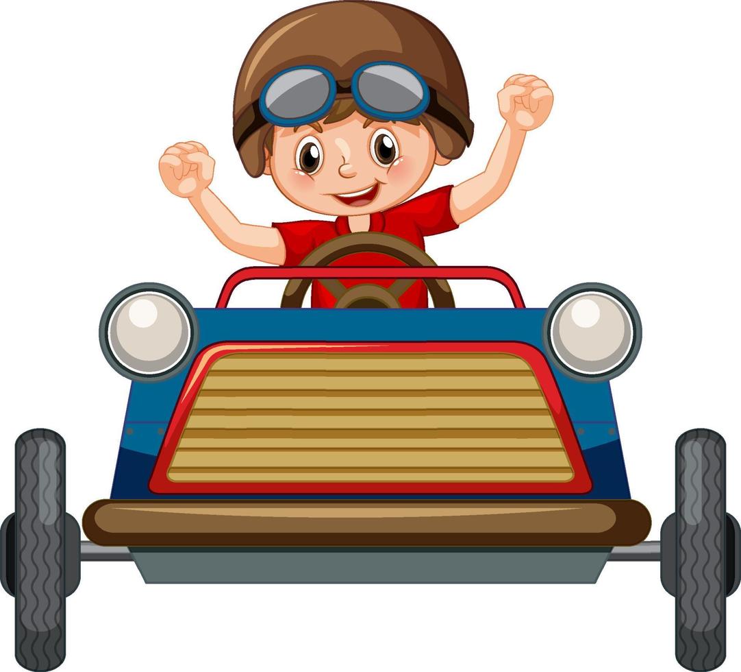 Un garçon au volant d'une mini voiture jouet sur fond blanc vecteur