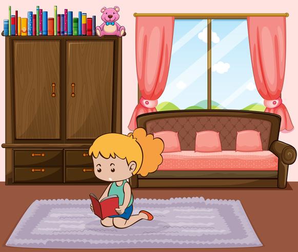 Livre de lecture de petite fille dans la chambre vecteur