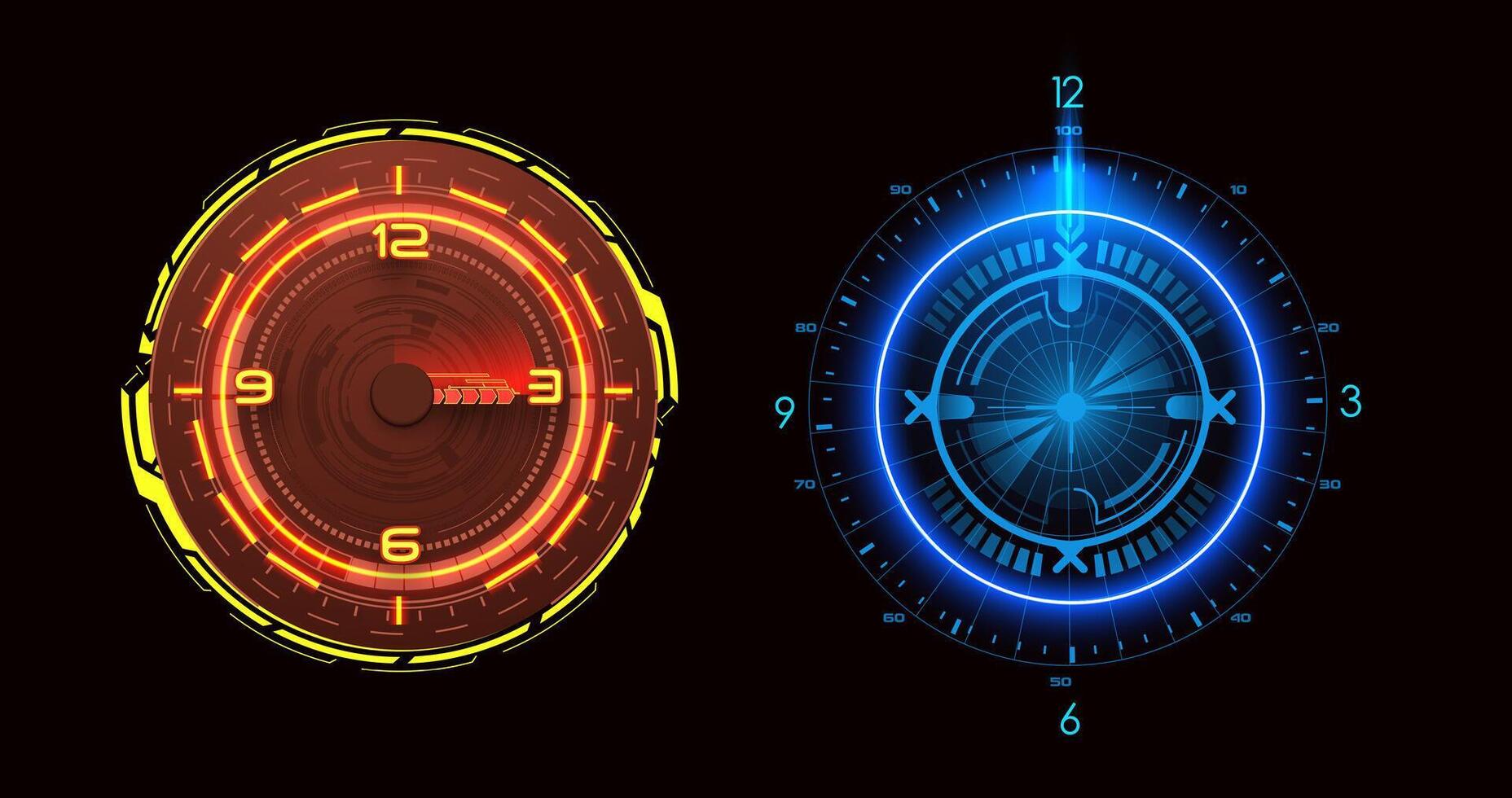 deux vibrant science-fiction horloges lueur dans rouge et bleu teintes, mettant en valeur futuriste chronométrage. utilisé à indiquer temps et mesure temps. vecteur illustration