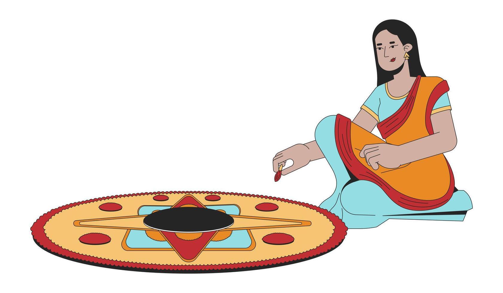 Jeune Indien femme fabrication muggu 2d linéaire dessin animé personnage. Sud asiatique Dame isolé ligne vecteur la personne blanc Contexte. hindou Festival de lumières deepawali Douane Couleur plat place illustration