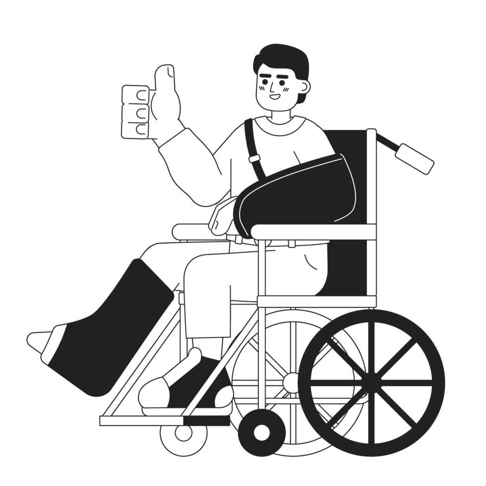 traumatisme récupération positif attitude noir et blanc dessin animé plat illustration. de bonne humeur fauteuil roulant homme pouce en haut linéaire 2d personnage isolé. content accident désintox monochromatique scène vecteur image