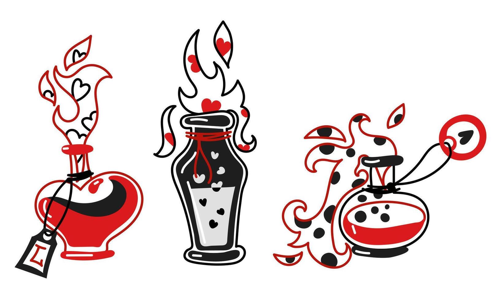ensemble de bouteilles de différent formes avec coloré l'amour potion pour la Saint-Valentin journée. isolé vecteur collection dans rouge et noir couleurs. un ouvert bouteille avec liquide et s'échapper vapeur avec cœurs Halloween