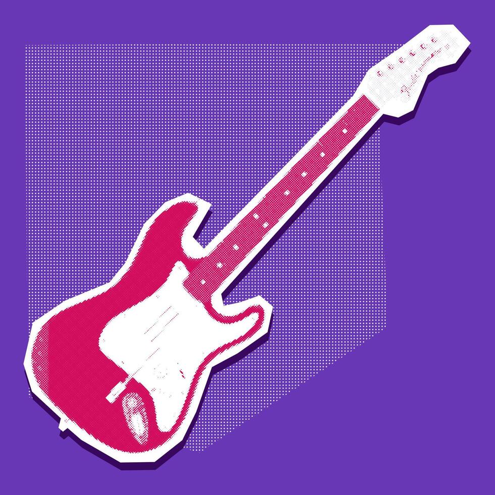bascule guitare avec une collage dans le style de grunge-pop-art-rock. rose et blanc image sur bleu. article regards comme une coupure de une magazine. brillant grand et petit points créer le forme de le objet vecteur
