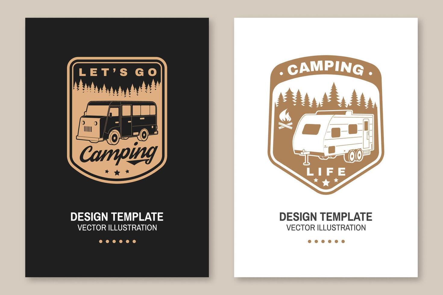 laisse aller camping. affiches, bannières, dépliants. vecteur concept pour chemise ou logo, imprimer, timbre ou tee. ancien typographie conception avec RV camping car et forêt silhouette. camping Devis.