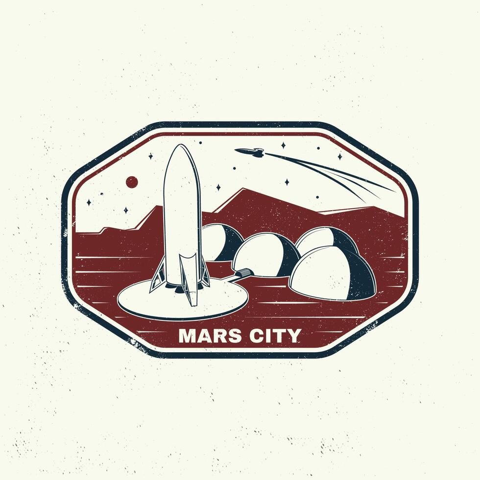 Mars ville logo, badge, correctif. vecteur illustration concept pour chemise, imprimer, timbre, recouvrir ou modèle. ancien typographie conception avec espace fusée et Mars ville silhouette.