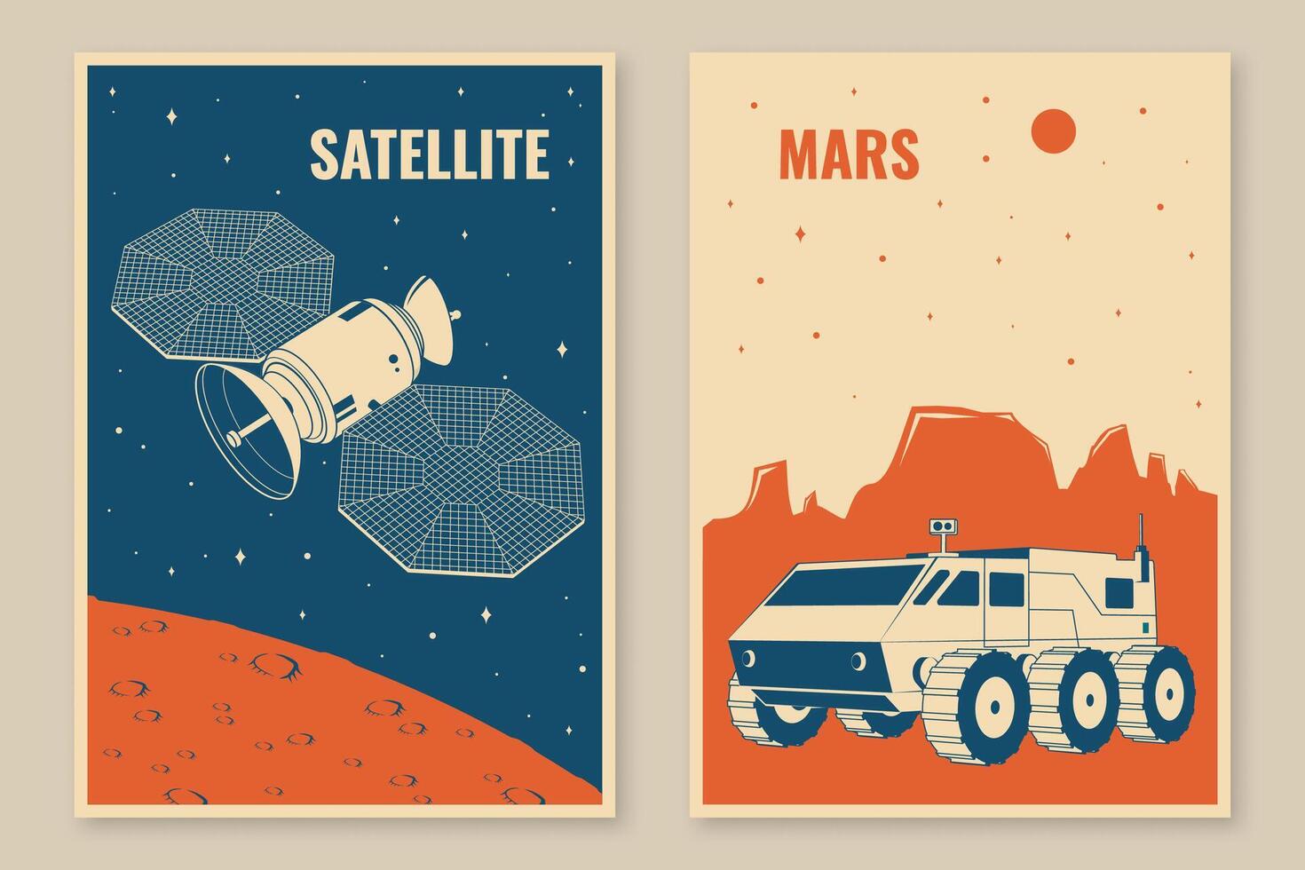 espace affiches, bannières, dépliants. vecteur concept pour chemise, imprimer, timbre, recouvrir ou modèle. ancien typographie conception avec Satellite plats, vagabond sur le Mars et Montagne silhouette.