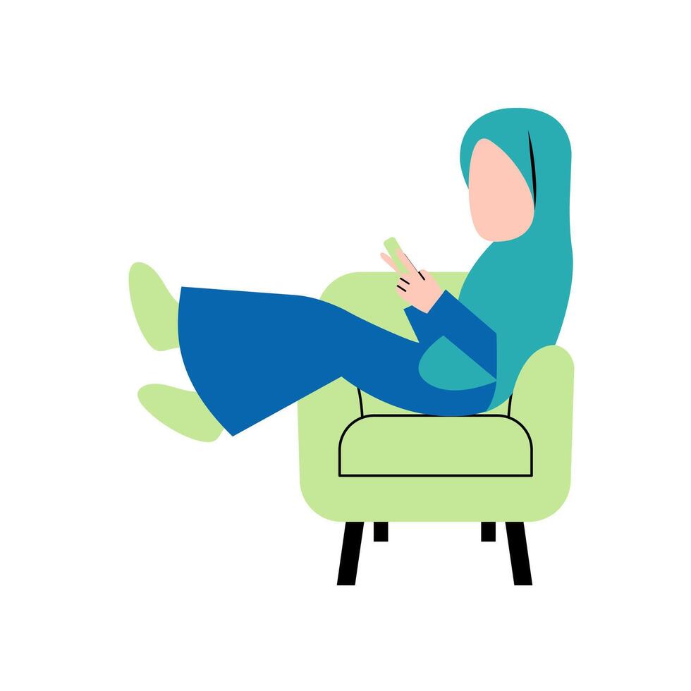 hijab femme en jouant téléphone intelligent sur canapé vecteur