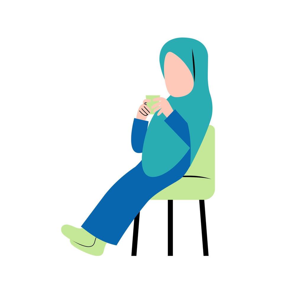 hijab femme en buvant café sur chaise vecteur