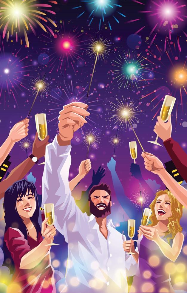 fête des gens célébrant le festival du nouvel an avec champagne et feux d'artifice vecteur