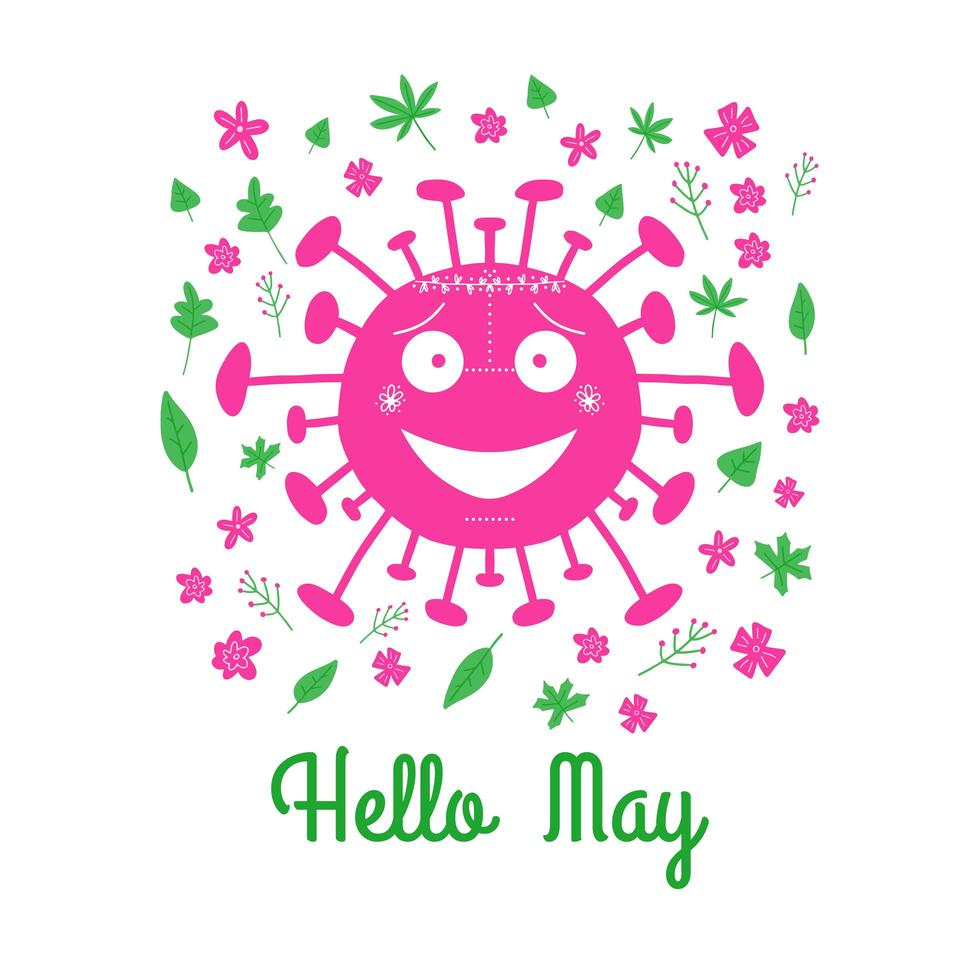 bonjour mai. bactéries de coronavirus de dessin animé rose avec des feuilles vertes et des fleurs printanières. isolé sur fond blanc. illustration vectorielle de stock. vecteur