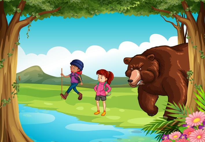 Méchant ours et deux randonneurs dans la forêt vecteur