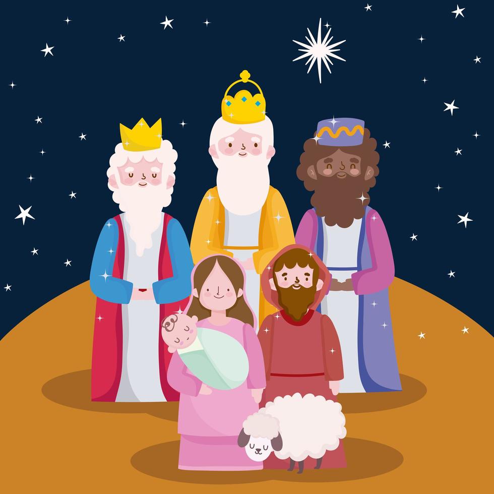 heureuse épiphanie, trois rois sages joseph bébé jésus et dessin animé mouton vecteur