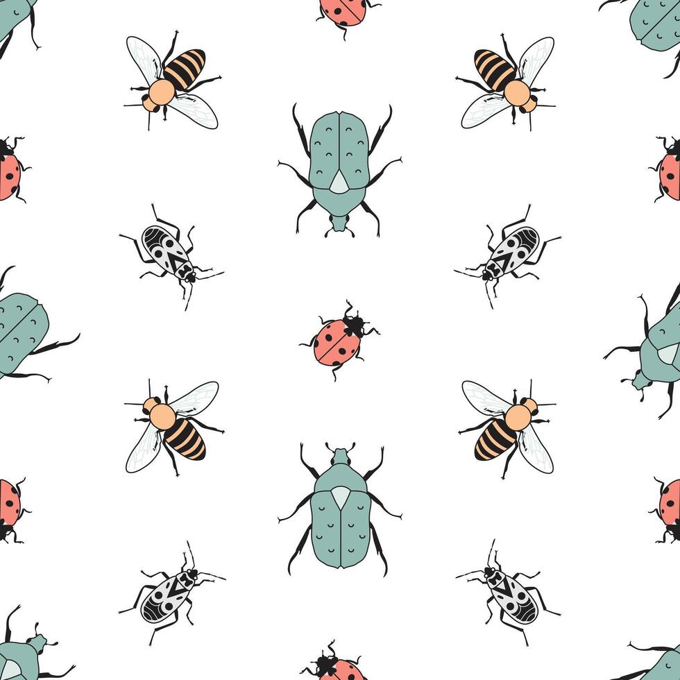 sans couture modèle avec divers insectes. pyromane, fourmi, fleur hanneton, mon chéri abeille, coccinelle sur blanc Contexte vecteur