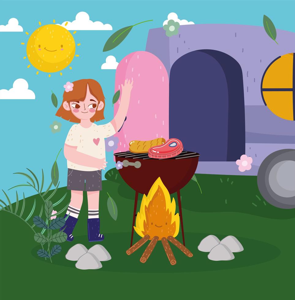 fille camping griller de la nourriture vecteur