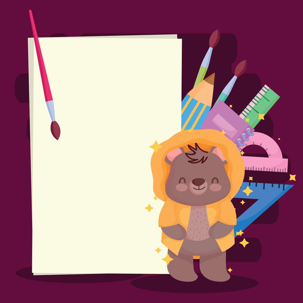 retour à l'école petit ours avec pinceau règle crayon et papier blanc vecteur