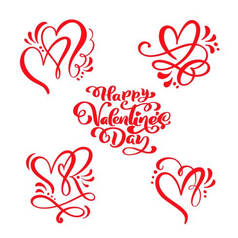 Ensemble de texte de calligraphie rouge &quot;Happy Valentine&#39;s Day&quot; &amp; coeurs vecteur
