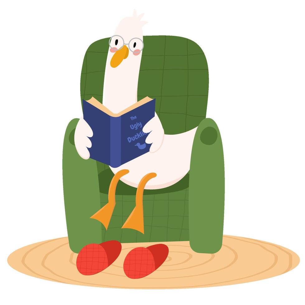 mignonne OIE séance dans un fauteuil et lis une livre. mon content lieu. utilisé pour salutation carte, et affiche conception. vecteur
