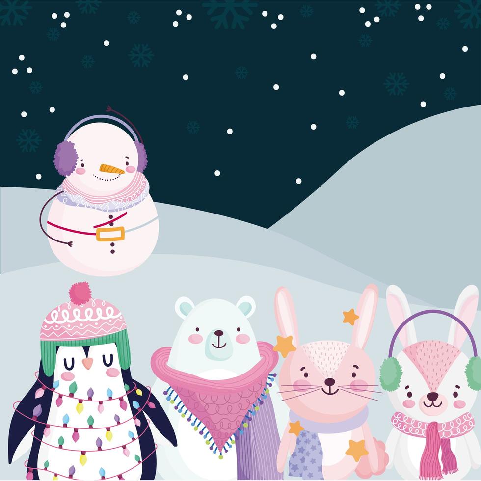 joyeux noël, bonhomme de neige mignon et animaux dans le ciel nocturne de neige vecteur