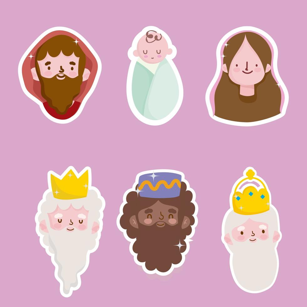 joyeuse épiphanie, trois rois sages mary jospeg et bébé jésus face stickers vecteur