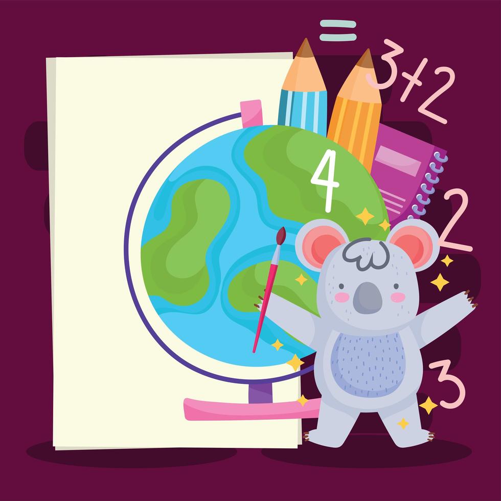 retour à l'école koala mignon avec des crayons de carte de brosse et dessin animé de livre vecteur