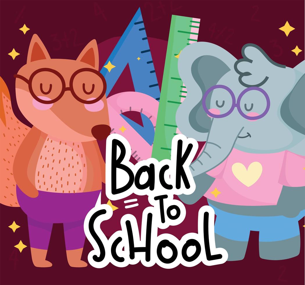 retour à l'école écureuil éléphant mignon avec des lunettes et dessin animé règle vecteur