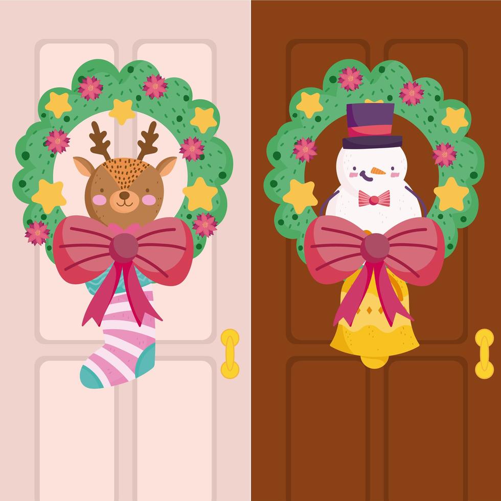 joyeux noël, couronne décorative avec renne et bonhomme de neige dans les portes vecteur