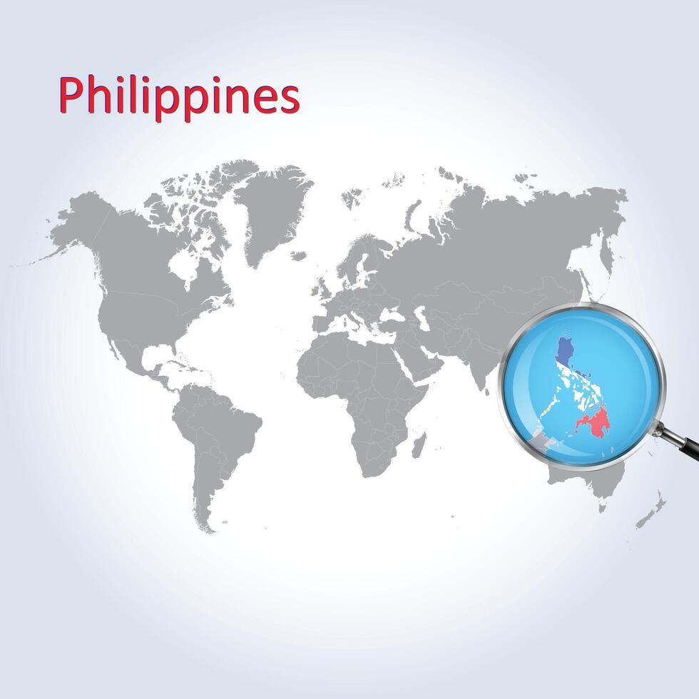 une grossissant verre sur le philippines de le monde carte, Zoom philippines carte avec une pente Contexte et philippines drapeau sur le carte, vecteur art