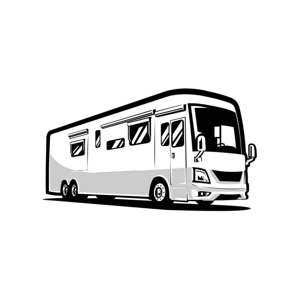 RV camping car bande annonce vecteur art illustration. monochrome silhouette vecteur isolé dans blanc Contexte